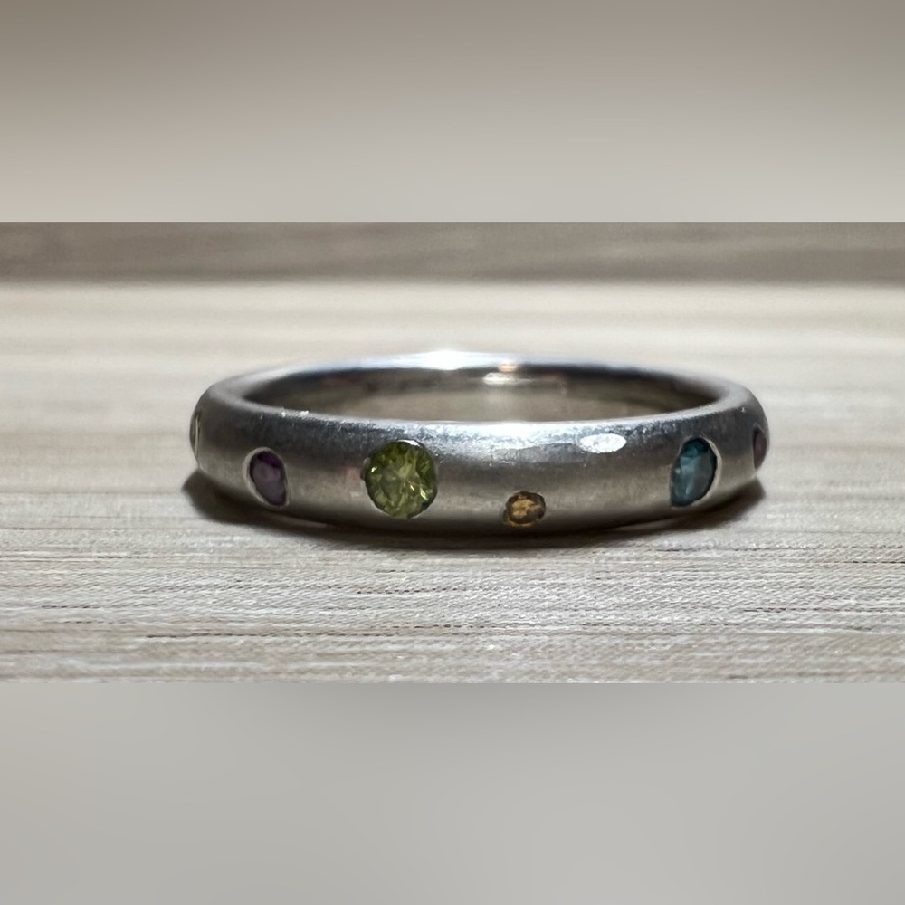 Vintage Designer Signed Flush Set Multi-Colored Gemstone Platinum Ring, Size 6.5 - Picture 3 of 13